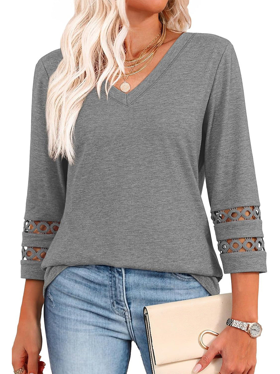 2025 New Womens 3/4 Length Sleeve Tops Trendy V Neck T Shirts