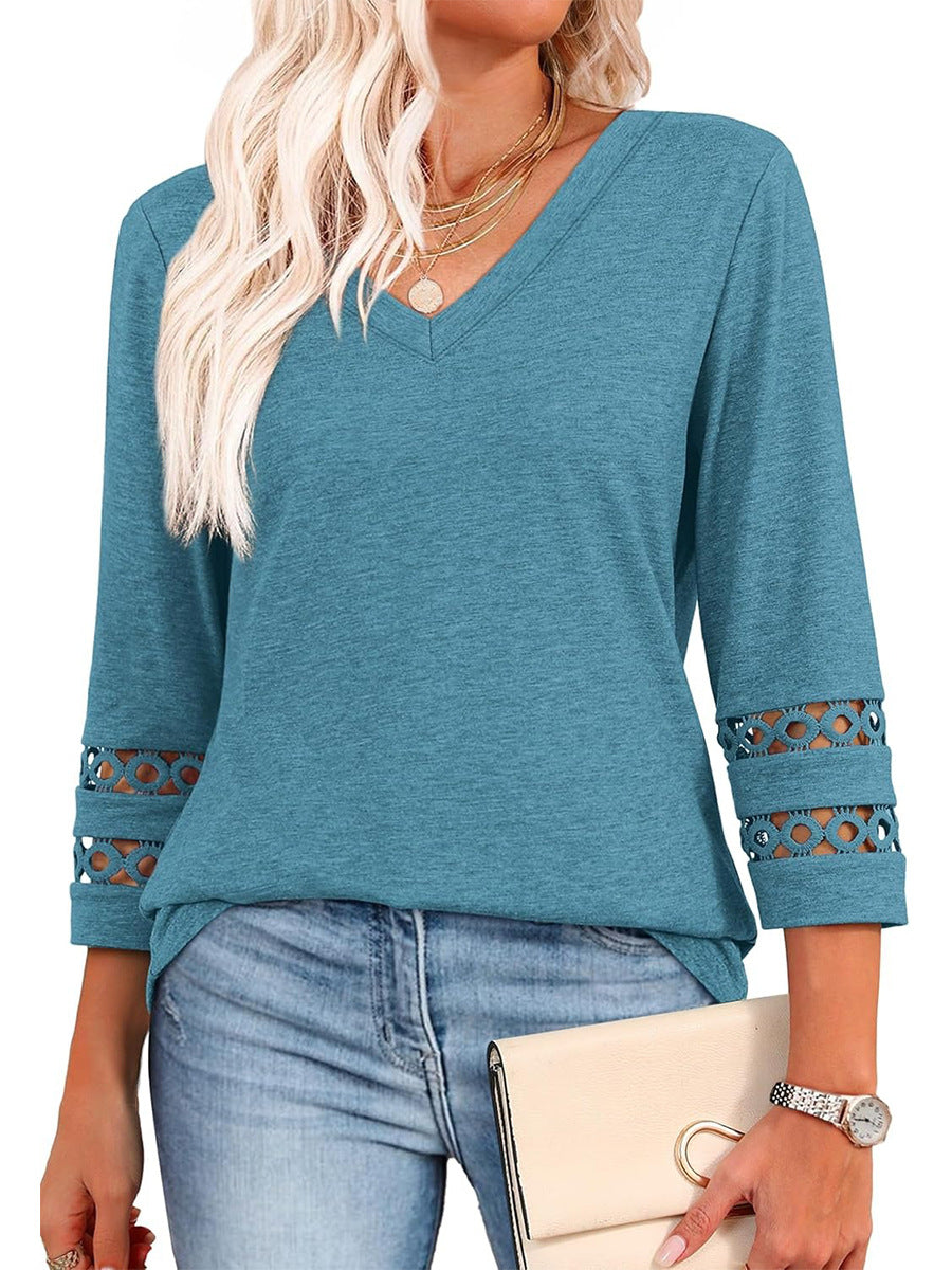 2025 New Womens 3/4 Length Sleeve Tops Trendy V Neck T Shirts