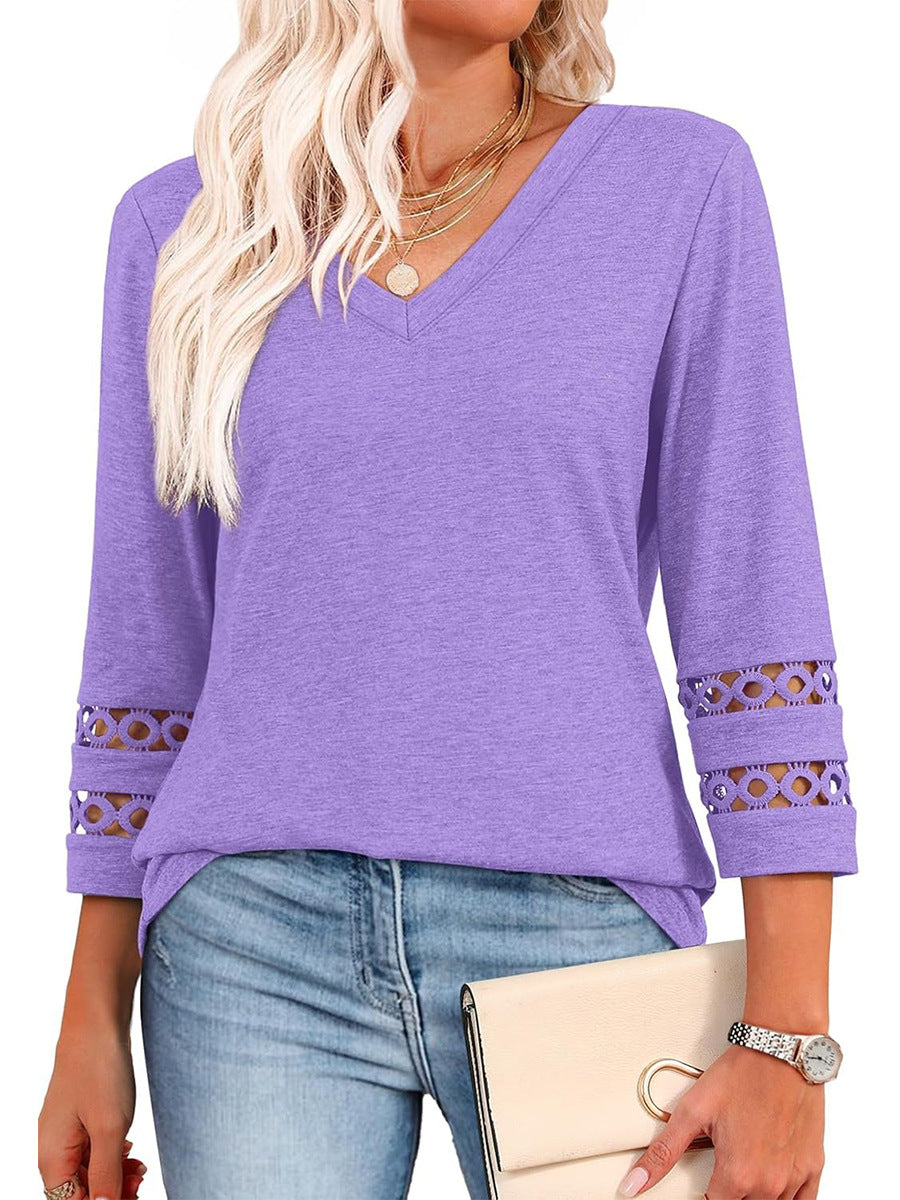 2025 New Womens 3/4 Length Sleeve Tops Trendy V Neck T Shirts