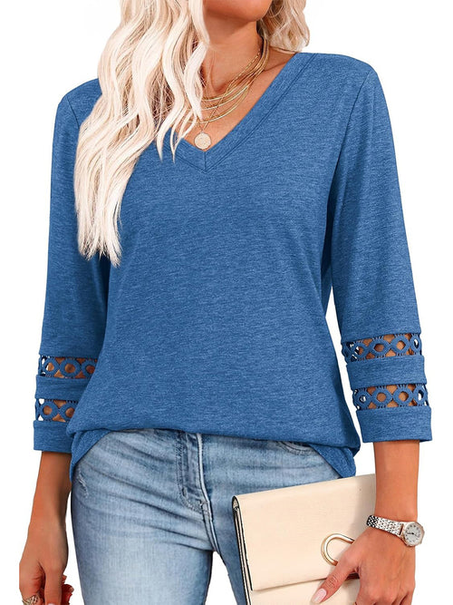 2025 New Womens 3/4 Length Sleeve Tops Trendy V Neck T Shirts