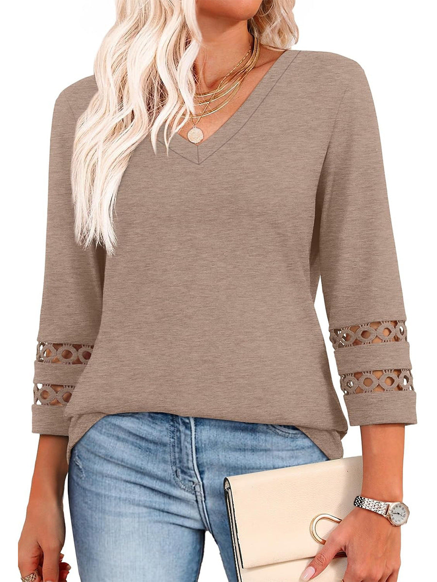 2025 New Womens 3/4 Length Sleeve Tops Trendy V Neck T Shirts