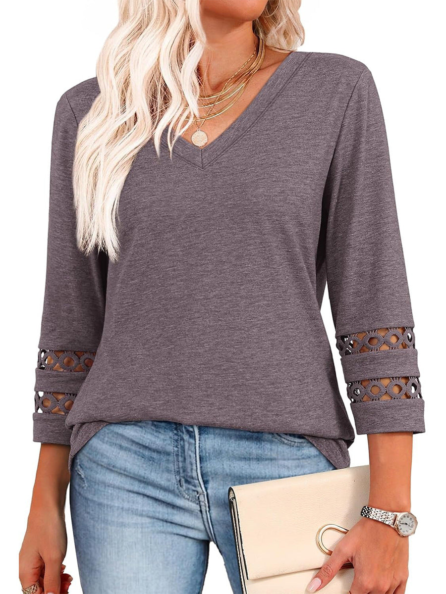 2025 New Womens 3/4 Length Sleeve Tops Trendy V Neck T Shirts